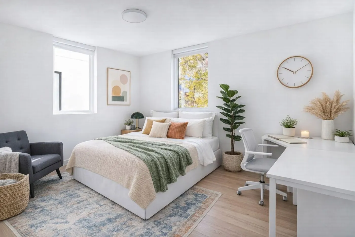 Capitol Deluxe bedroom with bed, desk and armchair