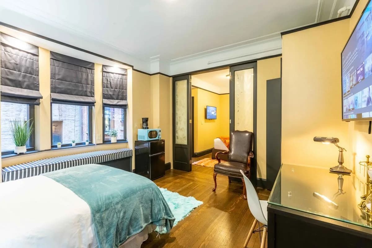 Mansfield room with bay windows, mini-fridge and microwave